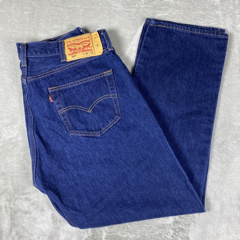 Levis 501 Jeans Mens 38x32 Indigo Blue Denim Straight Leg Button Fly Jeans